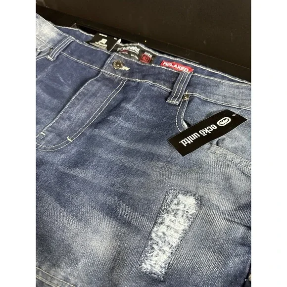 Ecko Jean Shorts Men 40 Baggy Fit Med Wash Distressed Denim Patches Y2k‎ 90s - Picture 2 of 15